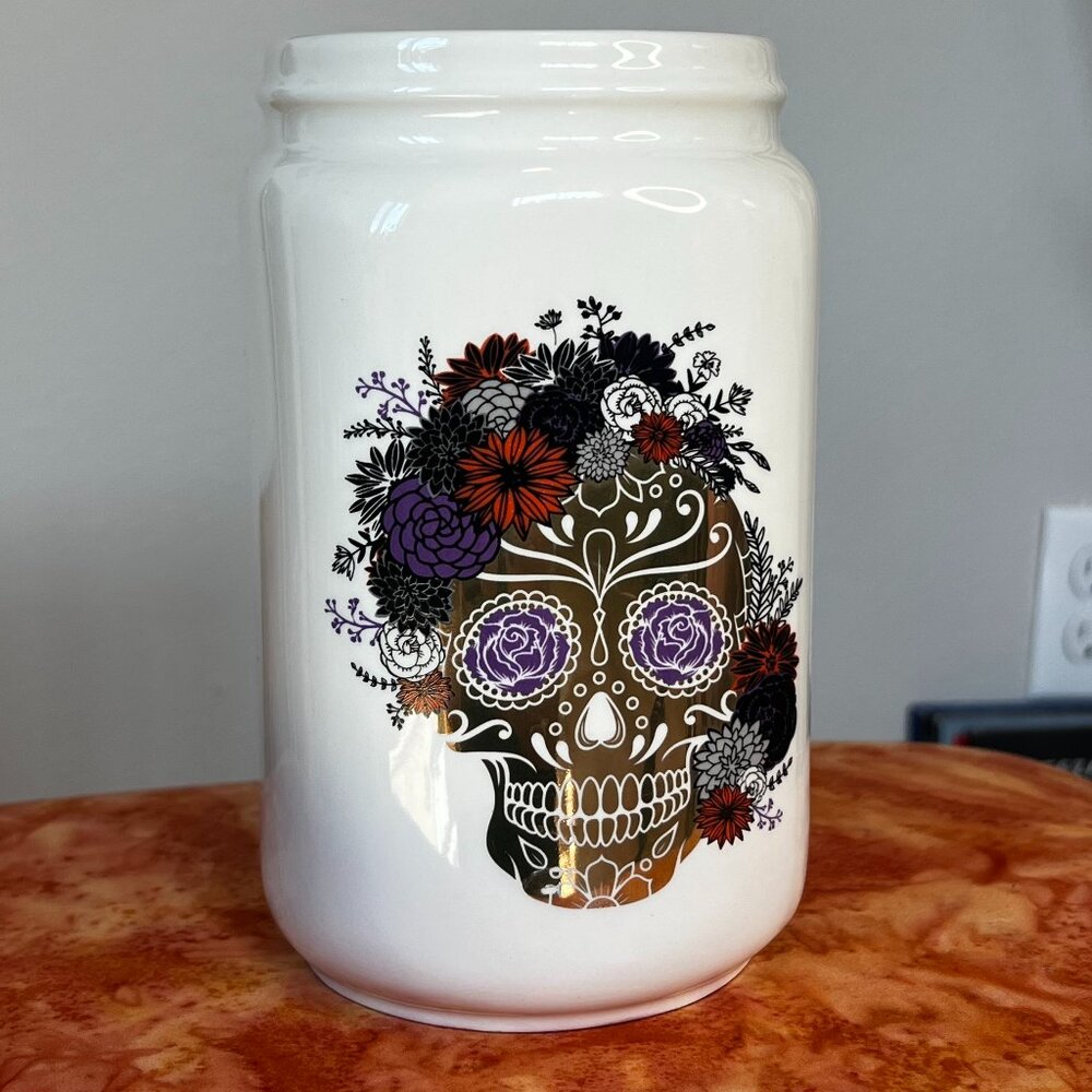 Ivory Gold Sugar Skeleton Vase Canister With Multi-Color Floral - Picture 2 of 11